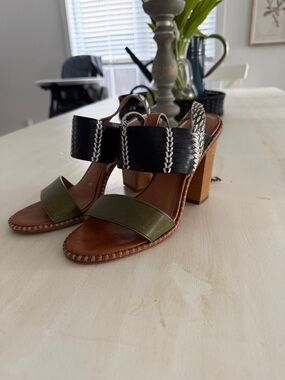 Coach Two-Tone Block Heel Sandals in Olive & Black
